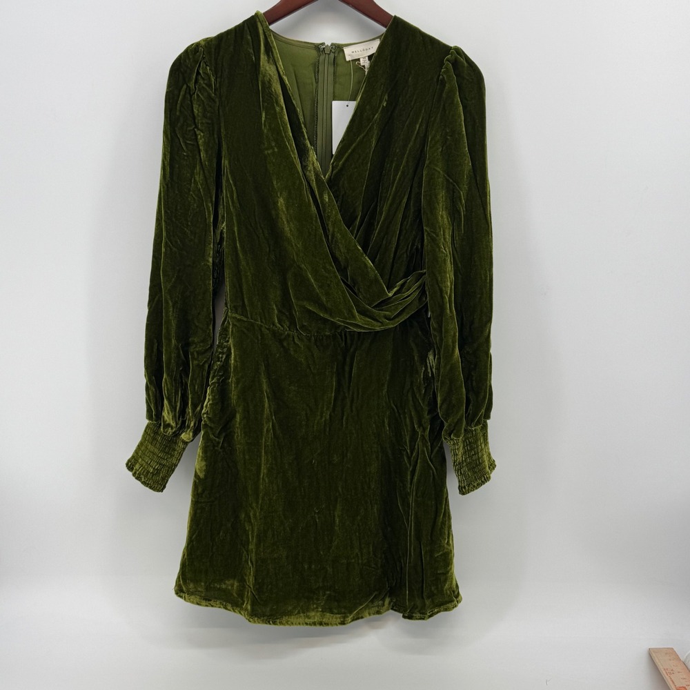 Melloday Olive Green‎ Velvet Surplice Mini Dress Long Sleeve Smocked Cuff